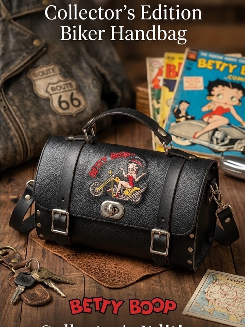 Betty Boop Black Leather-Style Biker Messenger Bag with Embroidered Patch